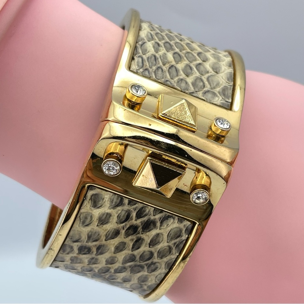 Stella & Dot Gold Hinged Cuff Bracelet w/ Snakeskin & Crystals
